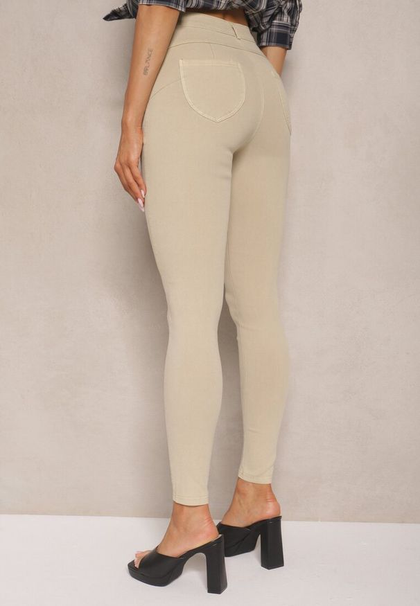 Renee - Beżowe Skinny Jeansy z Bawełną High Waist Lorie. Okazja: na imprezę, na co dzień. Stan: podwyższony. Kolor: beżowy. Styl: casual, elegancki
