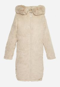 Born2be - Jasnobeżowa Kurtka za Kolano z Kapturem i Ozdobnym Futerkiem Therra. Typ kołnierza: kaptur. Kolor: beżowy. Materiał: futro. Wzór: aplikacja #4