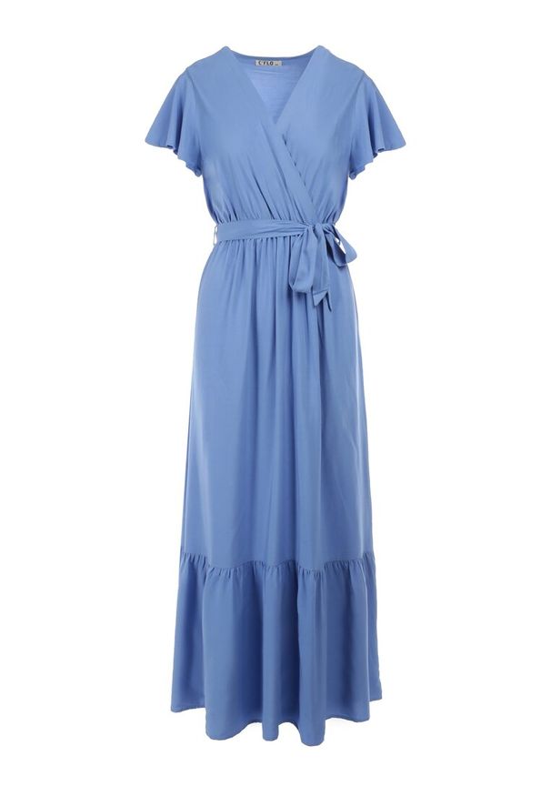 Born2be - Niebieska Sukienka Diomeira. Kolor: niebieski. Materiał: tkanina. Wzór: jednolity, gładki. Typ sukienki: kopertowe. Styl: elegancki, klasyczny. Długość: maxi