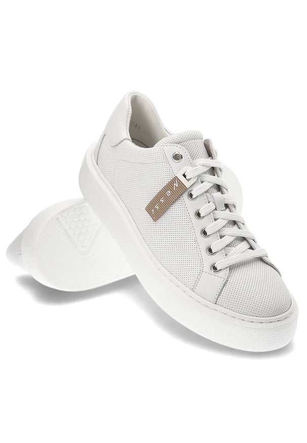 Białe Sneakersy Nessi Modne Półbuty Damskie. Kolor: biały. Materiał: skóra, materiał