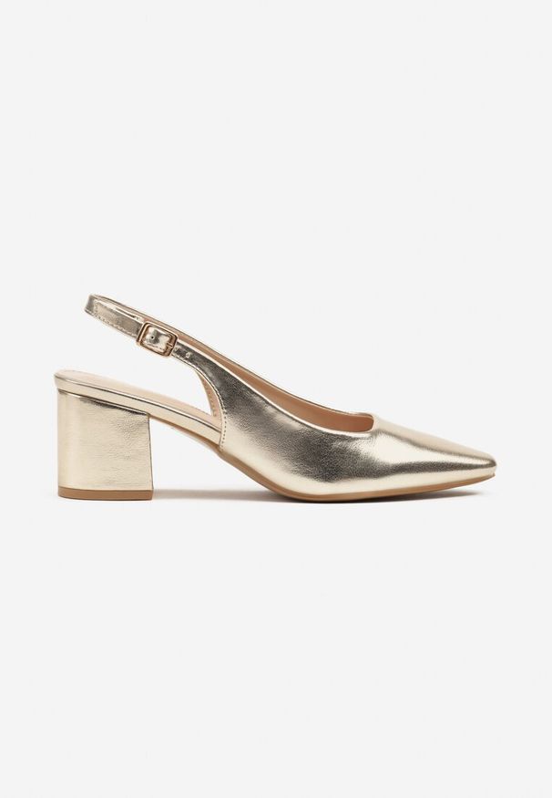 Renee - Złote Sandały na Słupku Typu Slingback Felvania. Okazja: na co dzień. Zapięcie: sprzączka. Kolor: złoty. Obcas: na słupku. Styl: klasyczny, elegancki, casual