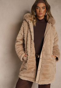 Renee - Beżowa Kurtka Parka Dwustronna z Futerkiem i Kapturem Alerisse. Okazja: na imprezę, na spacer. Kolor: beżowy. Materiał: futro. Wzór: gładki #7