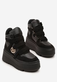 Born2be - Czarne Botki Vices w Stylu Sneakersów na Platformie Afirriva. Okazja: na co dzień. Zapięcie: rzepy. Kolor: czarny. Materiał: jeans. Wzór: aplikacja. Obcas: na platformie. Styl: retro, casual, klasyczny. Wysokość obcasa: średni