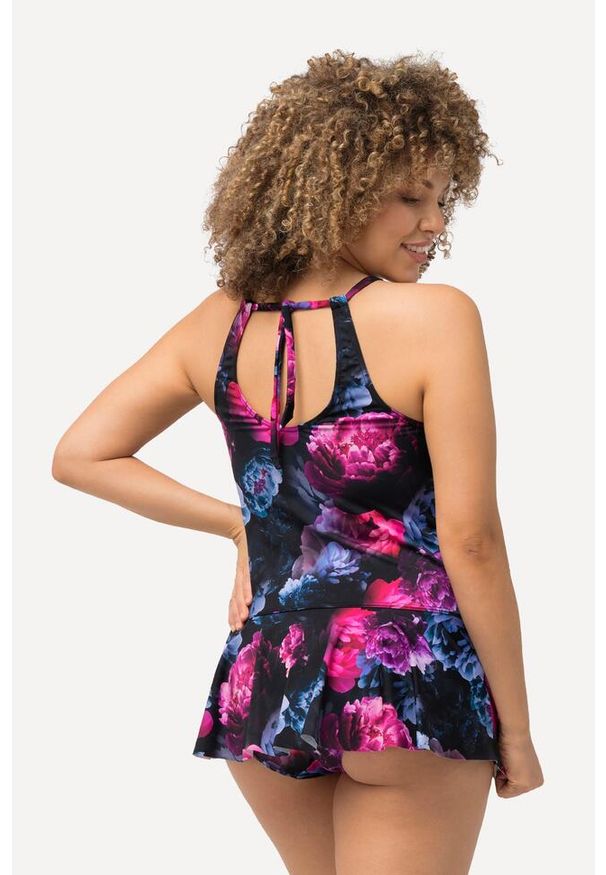 ULLA POPKEN - Damskie Tankini piwonie miękkie miseczki baskinka. Kolekcja: plus size. Kolor: czarny. Materiał: elastan, poliamid, materiał