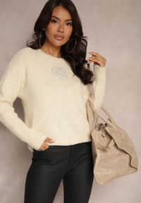 Renee - Beżowy Sweter z Wełną z Ozdobnymi Cyrkoniami Nomila. Okazja: na co dzień. Kolor: beżowy. Materiał: wełna. Wzór: kwiaty. Styl: glamour, elegancki, casual #3