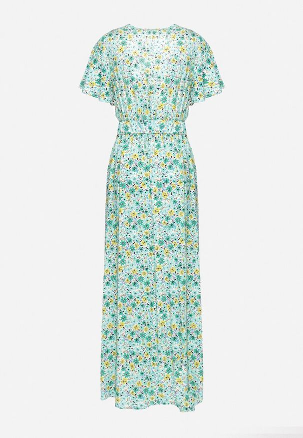 Born2be - Zielona Wiskozowa Sukienka z Kopertowym Dekoltem i Gumką w Pasie z Paskiem i Rozcięciem Vikama. Okazja: na spacer, na imprezę. Typ kołnierza: dekolt kopertowy. Kolor: zielony. Materiał: wiskoza. Typ sukienki: kopertowe. Styl: elegancki