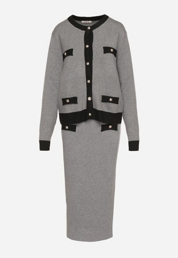 Born2be - Czarno-Szary Dzianinowy Komplet z Bawełną Kardigan i Spódnica Amantta. Kolor: czarny. Materiał: dzianina, bawełna