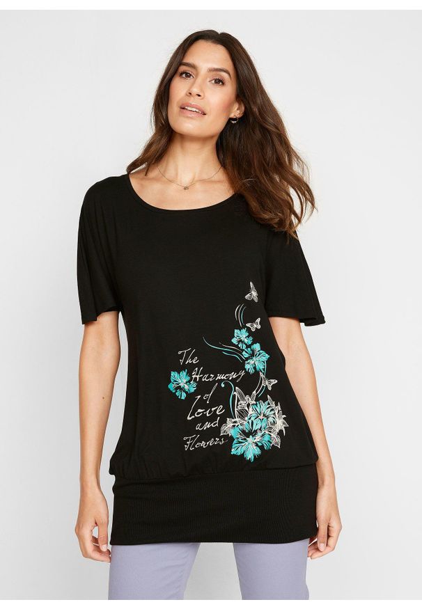 bonprix - Shirt z dekoltem w łódkę, krótki rękaw. Kolor: czarny. Długość rękawa: krótki rękaw. Długość: krótkie. Wzór: nadruk