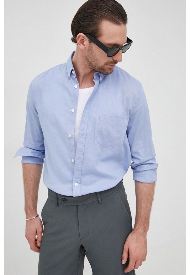 Samsoe & Samsoe - Samsoe Samsoe koszula lniana męska regular z kołnierzykiem button-down. Typ kołnierza: button down. Kolor: niebieski. Materiał: len