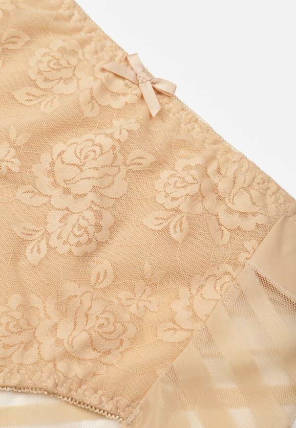 Renee - Beżowe Siateczkowe Majtki Figi High Waist z Koronkowymi Zdobieniami Heylih. Stan: podwyższony. Kolekcja: plus size. Kolor: beżowy. Materiał: koronka. Wzór: aplikacja