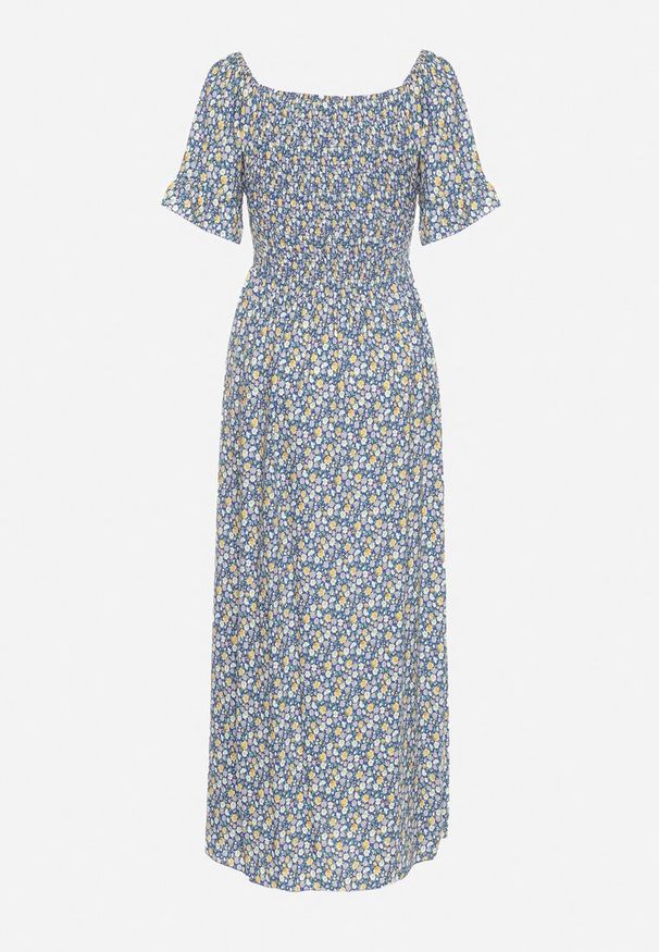 Born2be - Niebieska Bawełniana Sukienka w Kwiatki z Hiszpańskim Elastycznym Dekoltem Bleriama. Okazja: na co dzień, na randkę. Kolor: niebieski. Materiał: bawełna. Długość rękawa: krótki rękaw. Wzór: kwiaty. Styl: casual, elegancki