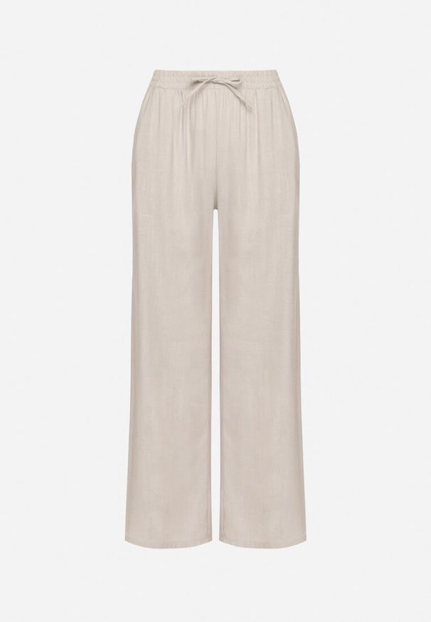Born2be - Jasnoszare Szerokie Spodnie z Lnem z Gumką w Talii i Kieszeniami Filisela. Okazja: na co dzień, do pracy. Kolor: szary. Materiał: len. Styl: elegancki, casual