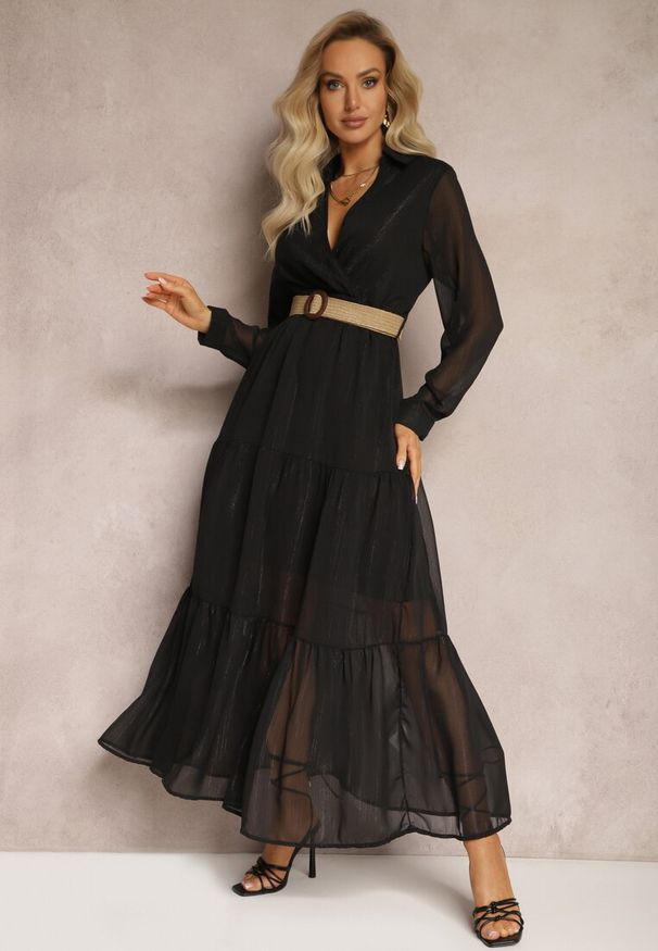 Renee - Czarna Sukienka z Kopertowym Dekoltem i Plecionym Paskiem Velo. Kolor: czarny. Materiał: tkanina. Typ sukienki: kopertowe