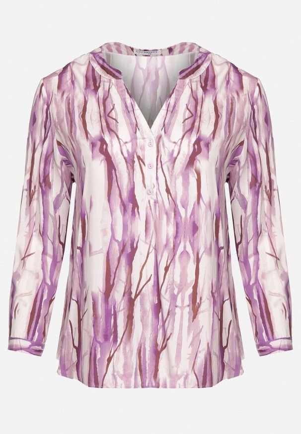 Born2be - Fioletowa Wiskozowa Koszula w Abstrakcyjny Wzór Bez Kołnierzyka Olireria. Okazja: na co dzień. Typ kołnierza: bez kołnierzyka. Kolor: fioletowy. Materiał: wiskoza. Styl: casual, elegancki