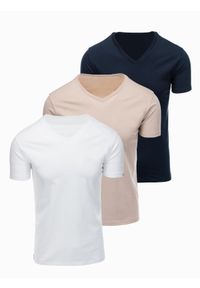 Ombre Clothing - Zestaw bawełnianych męskich koszulek V-neck BASIC – biały/piaskowy/granatowy V12 - Rozmiar: XXL. Okazja: na co dzień, do pracy. Typ kołnierza: dekolt w serek. Kolor: szary. Materiał: bawełna. Długość: długie. Wzór: jednolity, gładki. Styl: casual