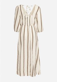 Born2be - Beżowa Taliowana Sukienka z Bawełny z Motywem Pasków Rivettes. Okazja: do pracy, na co dzień. Typ kołnierza: dekolt w kształcie V. Kolor: beżowy. Materiał: bawełna. Wzór: aplikacja. Typ sukienki: proste. Styl: klasyczny, casual, elegancki #6