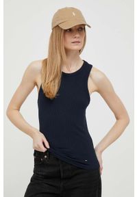 TOMMY HILFIGER - Tommy Hilfiger top damski kolor granatowy. Kolor: niebieski. Materiał: włókno, dzianina. Długość rękawa: na ramiączkach. Wzór: gładki