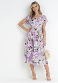 Born2be - Fioletowa Wiskozowa Sukienka Midi z Gumką w Pasie i Falbankami Yele. Typ kołnierza: kołnierz z falbankami. Kolor: fioletowy. Materiał: wiskoza. Długość rękawa: krótki rękaw. Wzór: aplikacja. Sezon: wiosna, lato. Długość: midi #4