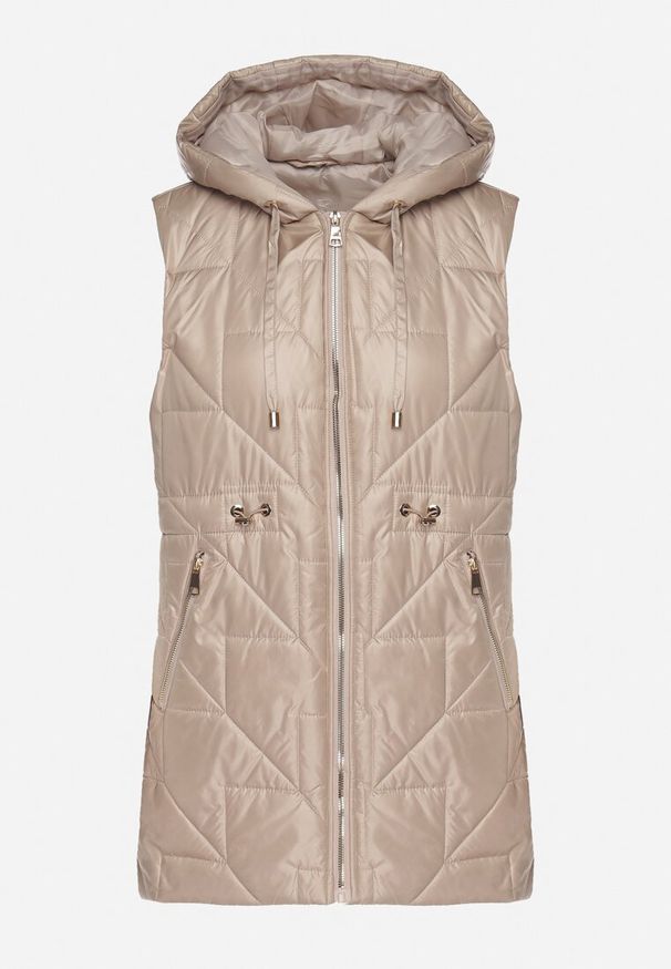 Born2be - Beżowa Kamizelka Pikowana z Nieodpinanym Kapturem Lisandora. Okazja: na spacer. Kolor: beżowy. Sezon: wiosna. Styl: klasyczny