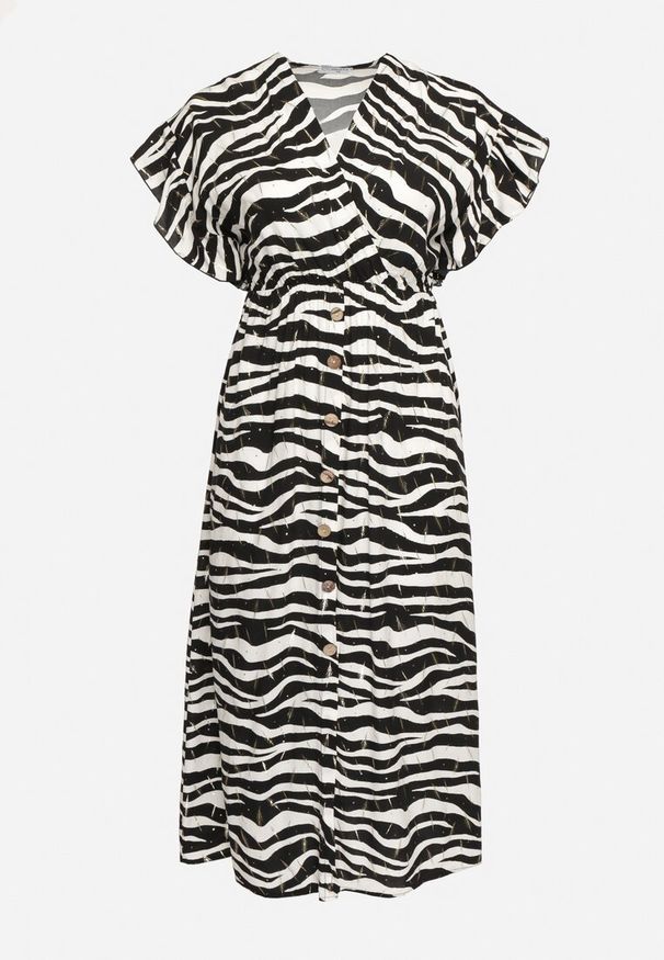 Born2be - Czarno-Biała Kopertowa Sukienka z Wiskozy z Gumką w Talii Vikirea. Okazja: na co dzień. Typ kołnierza: dekolt w kształcie V. Kolor: czarny. Materiał: wiskoza. Długość rękawa: krótki rękaw. Typ sukienki: kopertowe. Styl: elegancki, casual