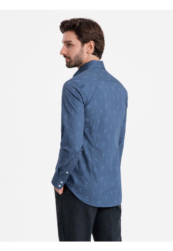 Ombre Clothing - Klasyczna męska bawełniana koszula SLIM FIT w palmy - ciemnoniebieska V5 OM-SHCS-0156 - XXL. Typ kołnierza: kołnierzyk klasyczny. Kolor: niebieski. Materiał: bawełna. Długość rękawa: długi rękaw. Długość: długie. Wzór: nadruk. Styl: klasyczny