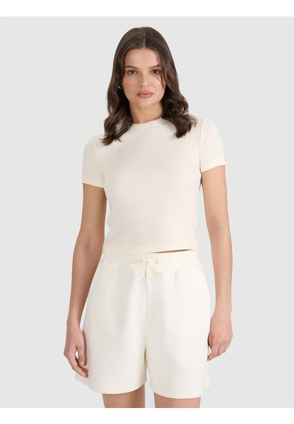 4f - 4F T-shirt slim z waflowej dzianiny damski - biały XXL. Okazja: na co dzień. Kolor: biały. Materiał: dzianina. Długość rękawa: krótki rękaw. Długość: krótkie. Wzór: kratka. Styl: klasyczny, casual, sportowy