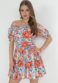 Born2be - Jasnoniebieska Wiskozowa Sukienka Mini z Gumkami w Pasie i Falbanką Muena. Typ kołnierza: kołnierz z falbankami. Kolor: niebieski. Materiał: wiskoza. Wzór: kwiaty. Długość: mini #1