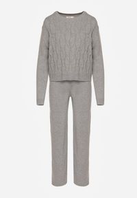 Born2be - Szary Komplet z Wełną i Bawełną Sweter ze Splotem i Szerokie Spodnie Reinettia. Kolor: szary. Materiał: wełna, bawełna. Wzór: ze splotem #5