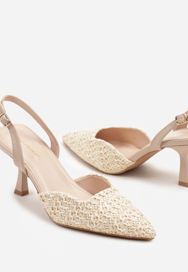 Renee - Beżowe Sandały na Szpilce Typu Slingback z Plecioną Cholewką Tatelana. Okazja: na co dzień. Zapięcie: sprzączka. Kolor: beżowy. Materiał: jeans. Obcas: na szpilce. Styl: casual, elegancki