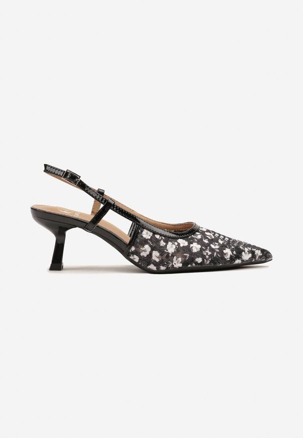 Born2be - Czarne Sandały Slingback z Siateczki w Kwiatki na Obcasie Typu Kaczuszka Lisanis. Okazja: na co dzień. Zapięcie: pasek. Kolor: czarny. Wzór: kwiaty. Sezon: lato, wiosna. Obcas: na obcasie. Styl: klasyczny, elegancki, casual. Wysokość obcasa: średni