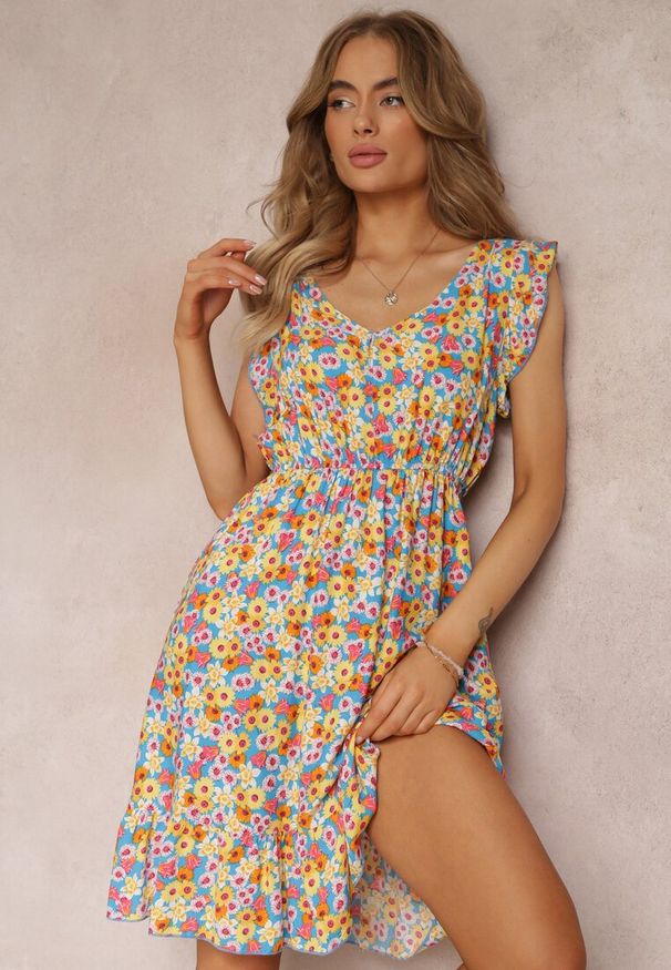 Renee - Niebiesko-Żółta Bawełniana Sukienka Mini z Gumką w Talii w Kwiaty Ariellia. Typ kołnierza: kołnierz z falbankami. Kolor: niebieski. Materiał: bawełna. Wzór: kwiaty. Sezon: lato, wiosna. Długość: mini