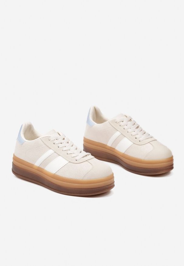 Renee - Beżowe Sneakersy na Płaskiej Podeszwie z Ozdobnymi Paskami Velali. Okazja: na co dzień. Zapięcie: pasek. Kolor: beżowy. Materiał: jeans. Wzór: paski. Obcas: na płaskiej podeszwie