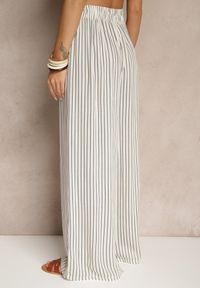 Renee - Biało-Niebieskie Szerokie Spodnie High Waist w Paski z Bawełny Silorea. Okazja: na co dzień. Stan: podwyższony. Kolor: biały. Materiał: bawełna. Wzór: paski. Styl: elegancki, casual