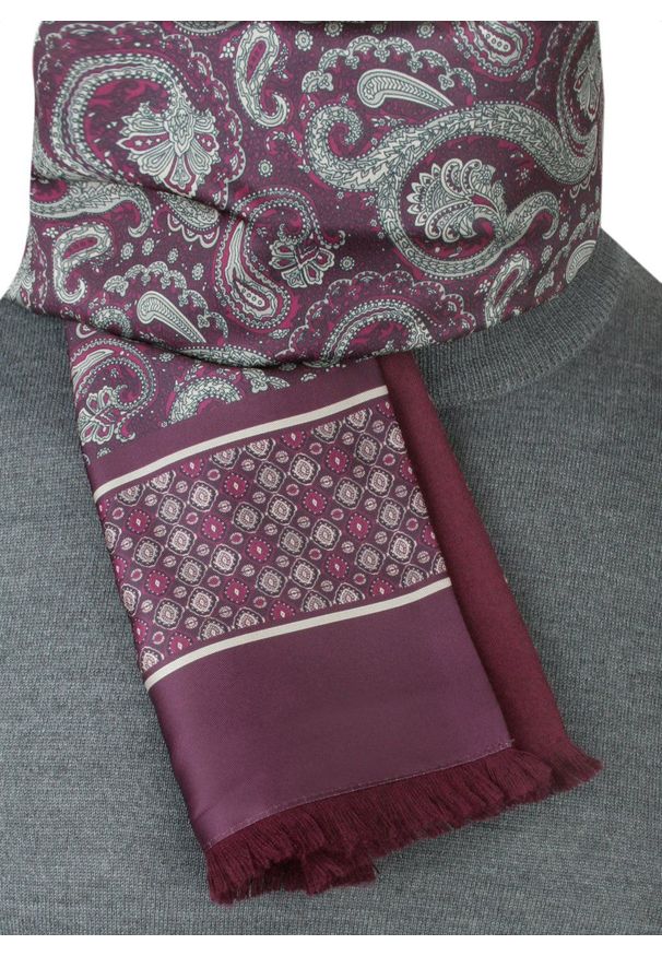 Elegancki Szalik Wełniano-Jedwabny - His Story - Bordo, Wzór Paisley. Kolor: czerwony. Materiał: wełna, jedwab. Wzór: paisley. Sezon: jesień, zima. Styl: elegancki