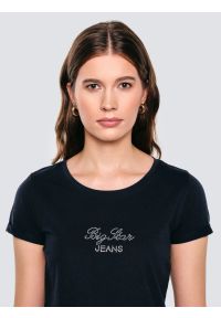 Big-Star - Koszulka damska z napisem z cyrkonii granatowa Malvina 403. Okazja: na co dzień. Kolor: niebieski. Materiał: jeans, dzianina, bawełna. Wzór: napisy. Styl: casual, klasyczny, elegancki #4