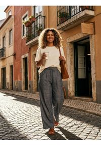 Sinsay - Spodnie wide leg z domieszką lnu - niebieski. Kolor: niebieski. Materiał: len #1