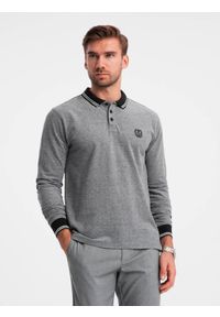 Ombre Clothing - Melanżowy męski longsleeve polo z haftem – czarny melanż V1 - Rozmiar: S. Okazja: na co dzień. Typ kołnierza: polo. Kolor: czarny. Materiał: bawełna, dzianina. Długość rękawa: długi rękaw. Długość: długie. Wzór: melanż, haft. Styl: klasyczny, casual, sportowy