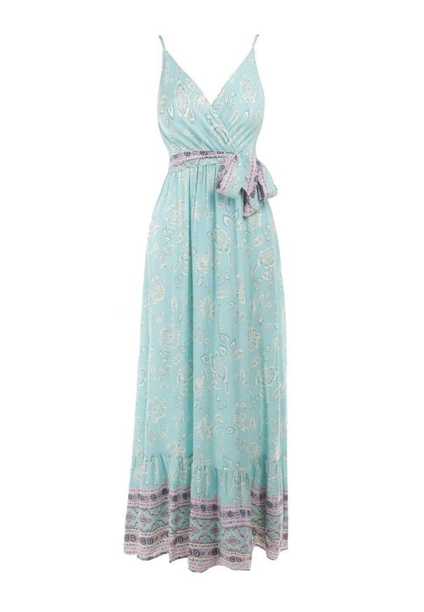 Born2be - Miętowa Sukienka Komley. Kolor: miętowy. Materiał: materiał, wiskoza. Długość rękawa: na ramiączkach. Wzór: nadruk. Typ sukienki: kopertowe. Długość: maxi