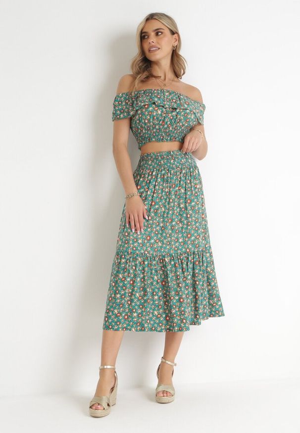 Born2be - Zielony 2-częściowy Bawełniany Komplet ze Spódnicą i Topem Hiszpanka Ollija. Kolor: zielony. Materiał: bawełna. Wzór: kwiaty