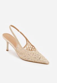 Renee - Beżowe Szpilki VICES Slingback Ozdobione Kwiatowym Wzorem i Cekinami Loraereida. Zapięcie: pasek. Kolor: beżowy. Materiał: satyna. Wzór: kwiaty, aplikacja. Obcas: na szpilce #9