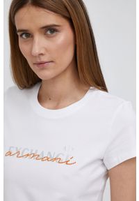 Armani Exchange t-shirt damski kolor biały. Okazja: na co dzień. Kolor: biały. Materiał: dzianina. Wzór: nadruk. Styl: casual #2