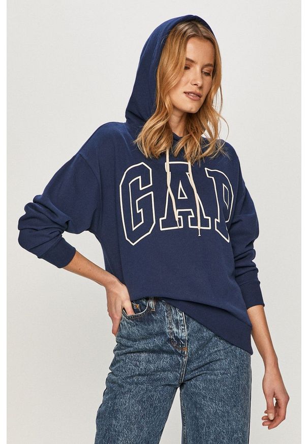 GAP - Bluza. Okazja: na co dzień. Typ kołnierza: kaptur. Kolor: niebieski. Materiał: dzianina. Długość rękawa: długi rękaw. Długość: długie. Styl: casual