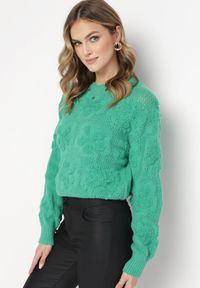 Born2be - Zielony Sweter z Wełną i Bawełną Ozdobiony Pluszowym Splotem Karada. Kolor: zielony. Materiał: bawełna, wełna. Wzór: ze splotem, aplikacja. Sezon: zima #1