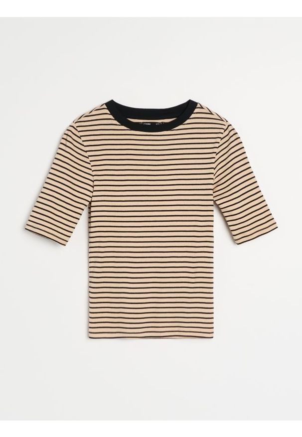 Sinsay - Bawełniana koszulka w paski - kremowy. Kolor: kremowy. Materiał: bawełna. Wzór: paski