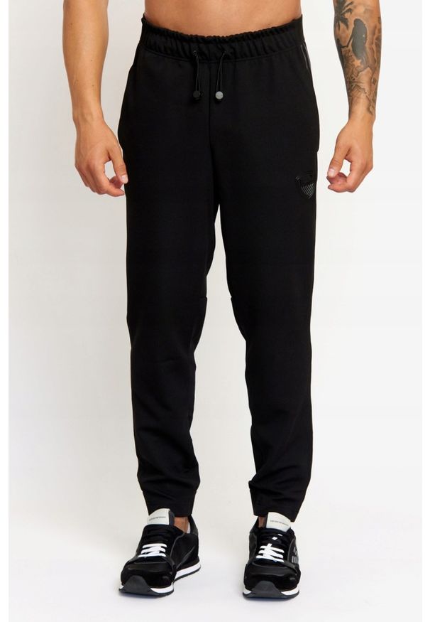 EA7 Emporio Armani - EA7 Męskie spodnie dresowe z lampasami, Rozmiar XL. Kolor: czarny. Materiał: dresówka, poliester. Wzór: aplikacja