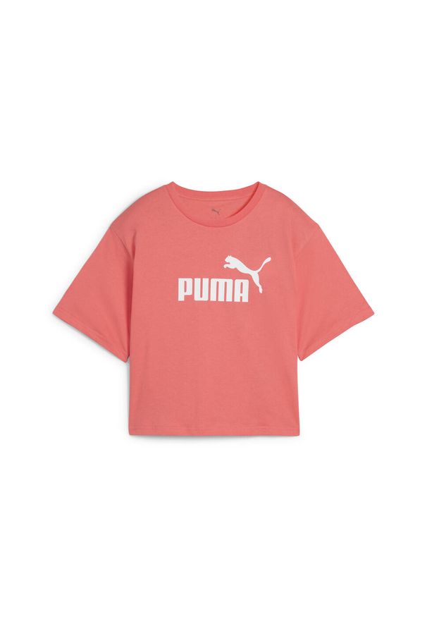 Puma - Damska luźna koszulka z logo NO.1 ESS Cropped PUMA Peach Frost Red. Kolor: czerwony. Materiał: jeans. Wzór: nadruk