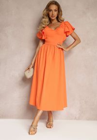 Renee - Pomarańczowa Taliowana Sukienka Maxi z Falbanami Giftis. Kolor: pomarańczowy. Wzór: aplikacja. Długość: maxi