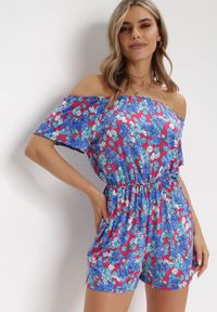 Born2be - Niebiesko-Czerwoni Kombinezon w Kwiaty z Hiszpańskim Dekoltem i Gumką w Talii Eleanodora. Kolor: niebieski. Długość: krótkie. Wzór: kwiaty. Sezon: lato #4