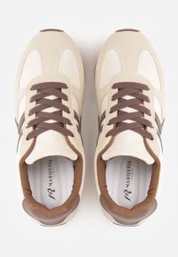 Renee - Beżowe Sneakersy Casual z Imitacji Zamszu z Geometrycznymi Wstawkami na Boku Sadiqa. Okazja: na co dzień. Wysokość cholewki: przed kostkę. Zapięcie: sznurówki. Kolor: beżowy. Materiał: zamsz. Szerokość cholewki: normalna. Wzór: geometria #2