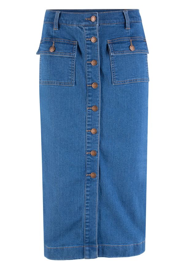 Spódnica dżinsowa ze stretchem midi bonprix niebieski. Kolor: niebieski